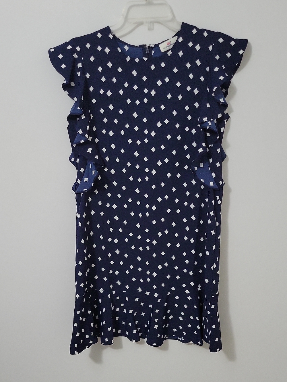 Vineyard Vines Navy Dress with White Diamond Print and Ruffles, Size 2